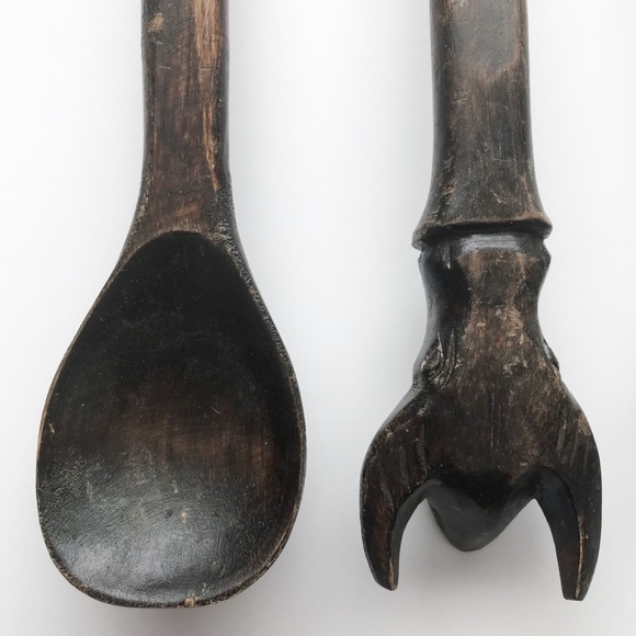 HAND CARVED Primitive Wood Vintage Utensils Set of 4 - Picture 6 of 8